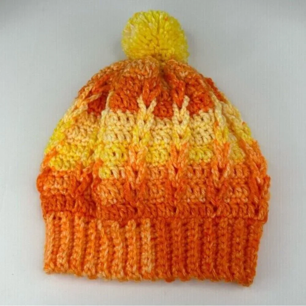 Created By Cyd Crochet Beanie Orange Yellow Gradient Pom Pom Cable Knit Hat NEW